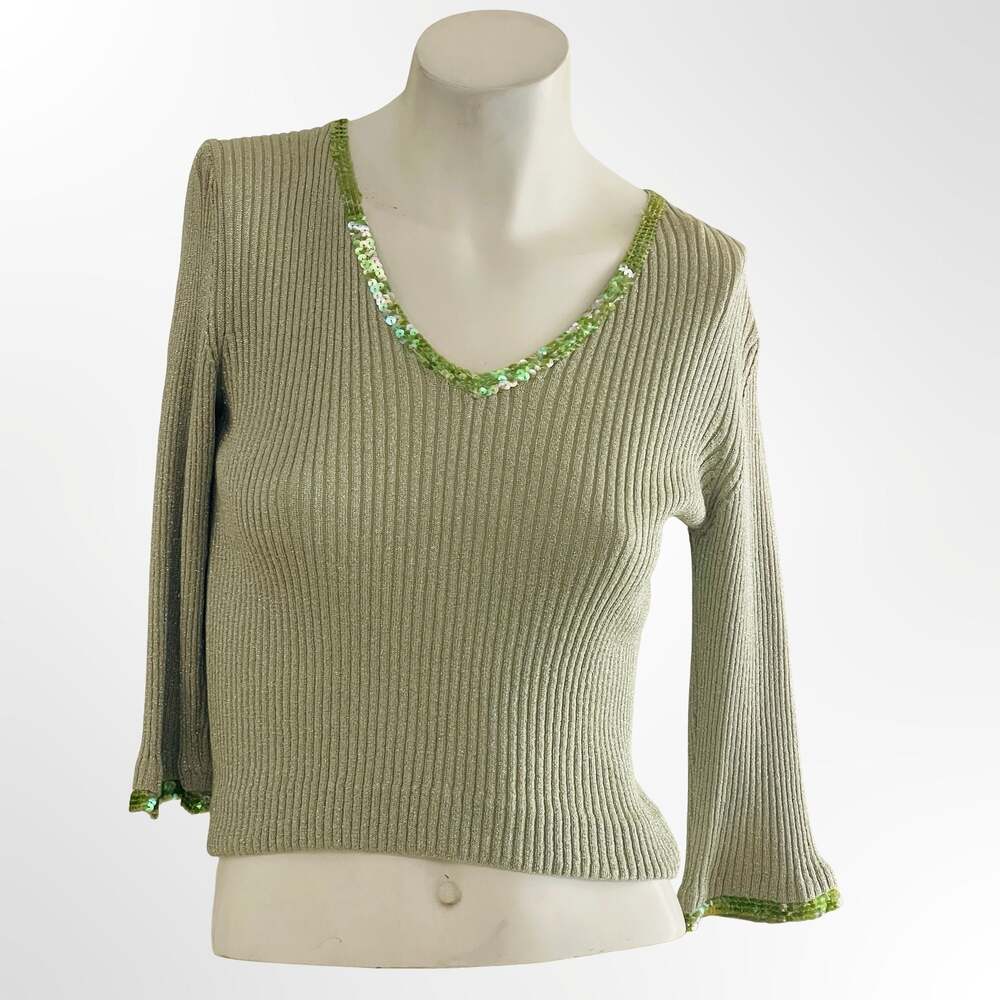 Fuse Silk Metallic Ribbed Knit Top with Green Sequin Trim Size M - Picture 2 of 6